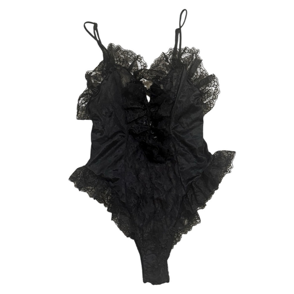 DELICATES Black Lace Teddy S Open Front Sheer Ruffle Chemise Bodysuit Lingerie